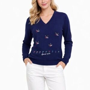 MGI Women's Navy V-Neck Embroidered Golf Theme Vintage 70s LS Sweater Size L